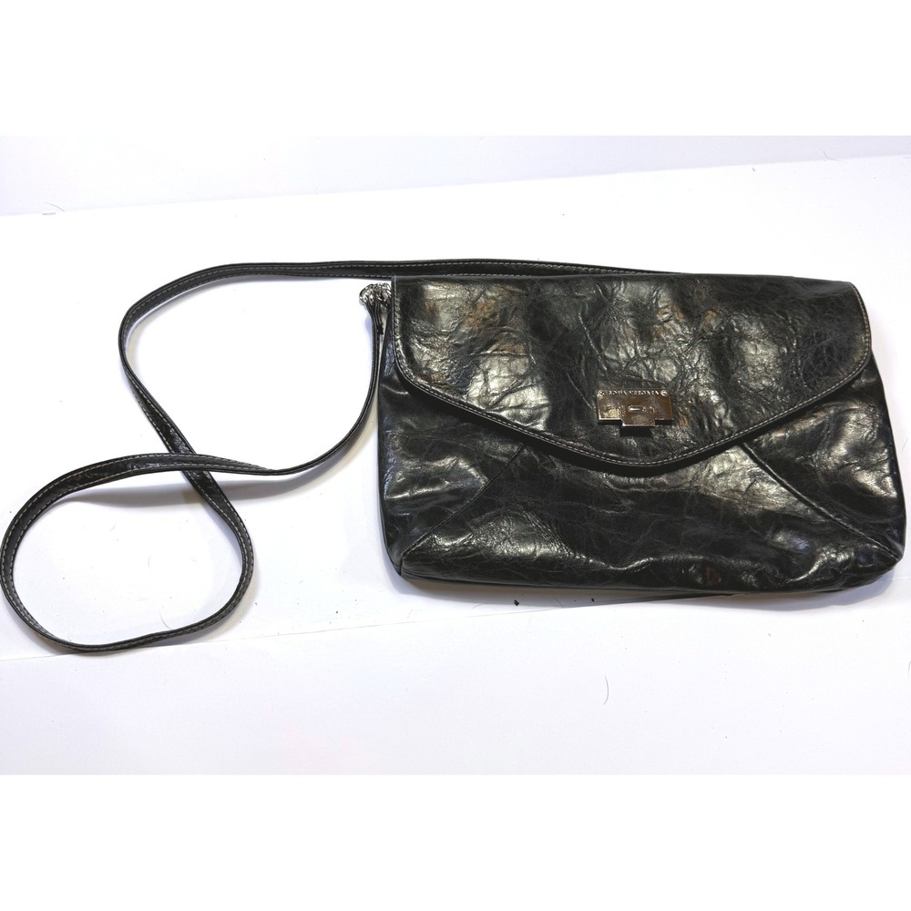 Sofia Vergara Black Distressed Faux Leather Envelope Crossbody Bag Turn-Lock